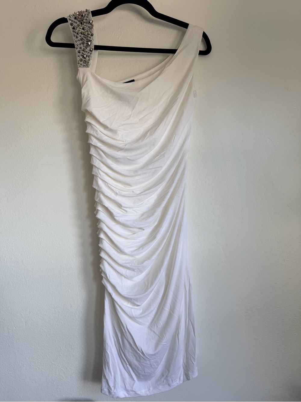 Philipp Plein White One-Shoulder Ruched Dress with Embellished Strap
